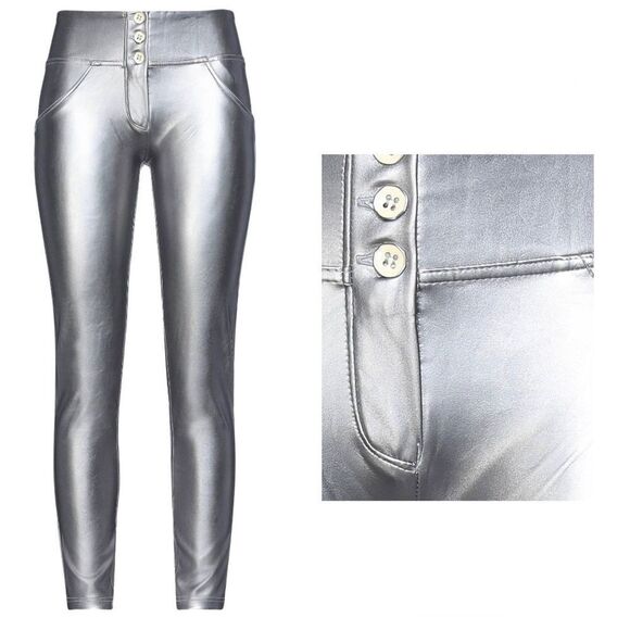 𝅺FREDDY WR.UP metallic silver faux leather pleather skinny leggings M NWT Rare - Picture 3 of 13